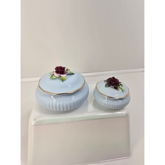 Royal Adderley England Bone China Trinket Boxes Blue with Rose Lid Set of 2 - Picture 1 of 7